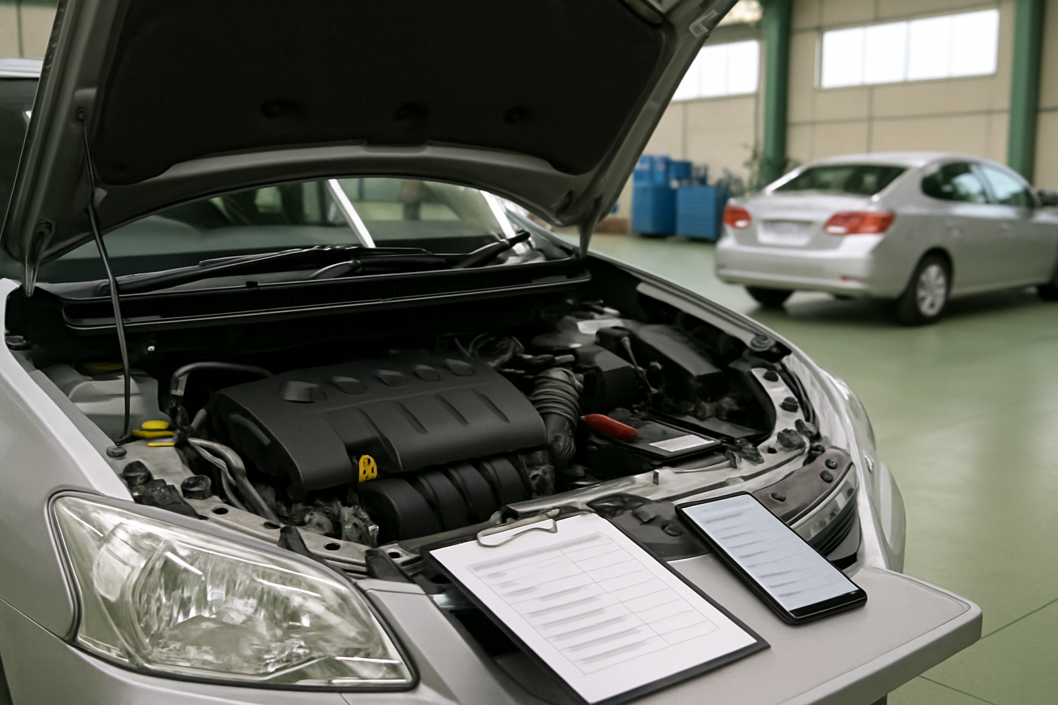 整備工場にある車のエンジンルーム