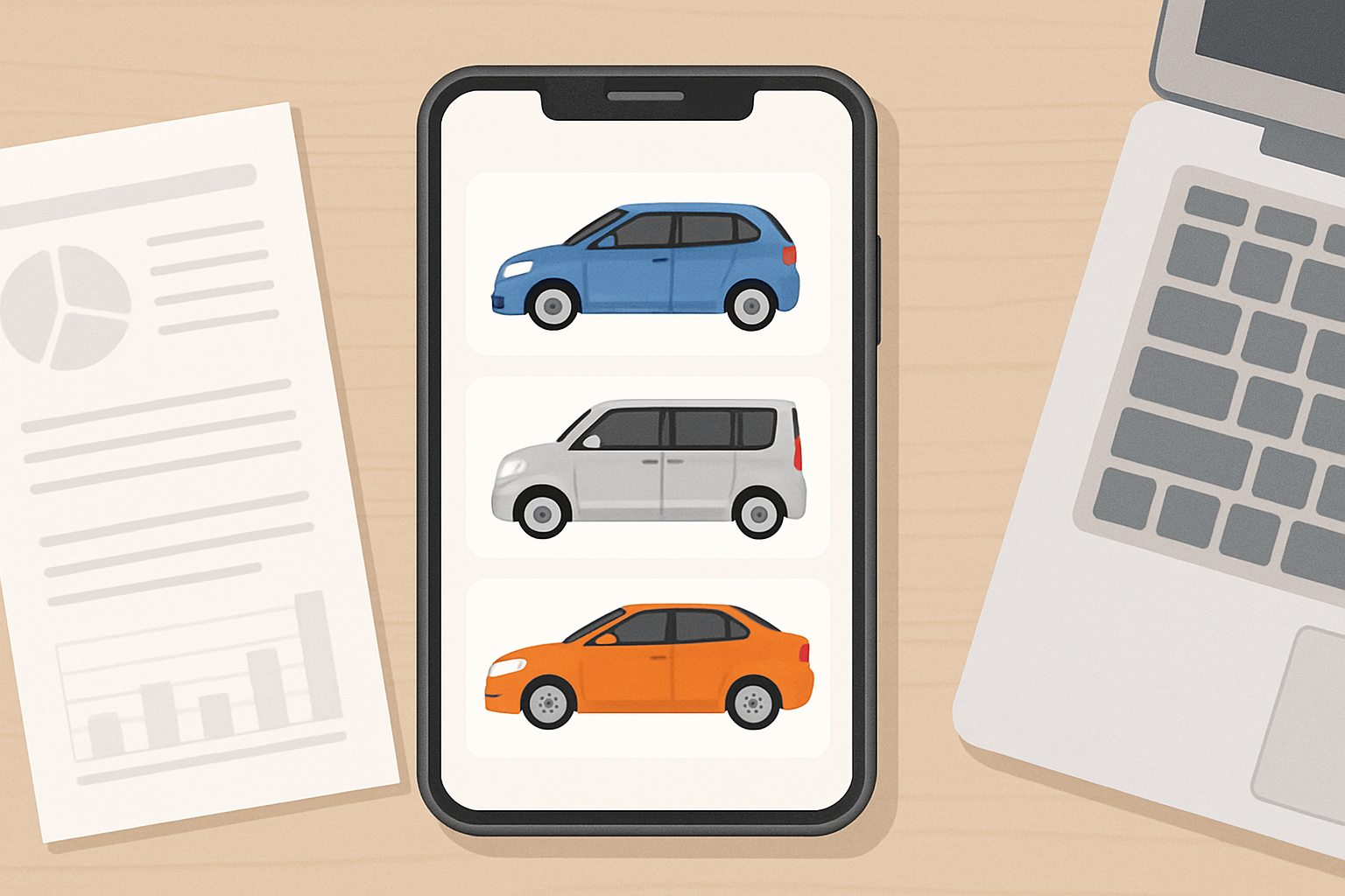 スマートフォン画面に表示される3つの車のアイコン