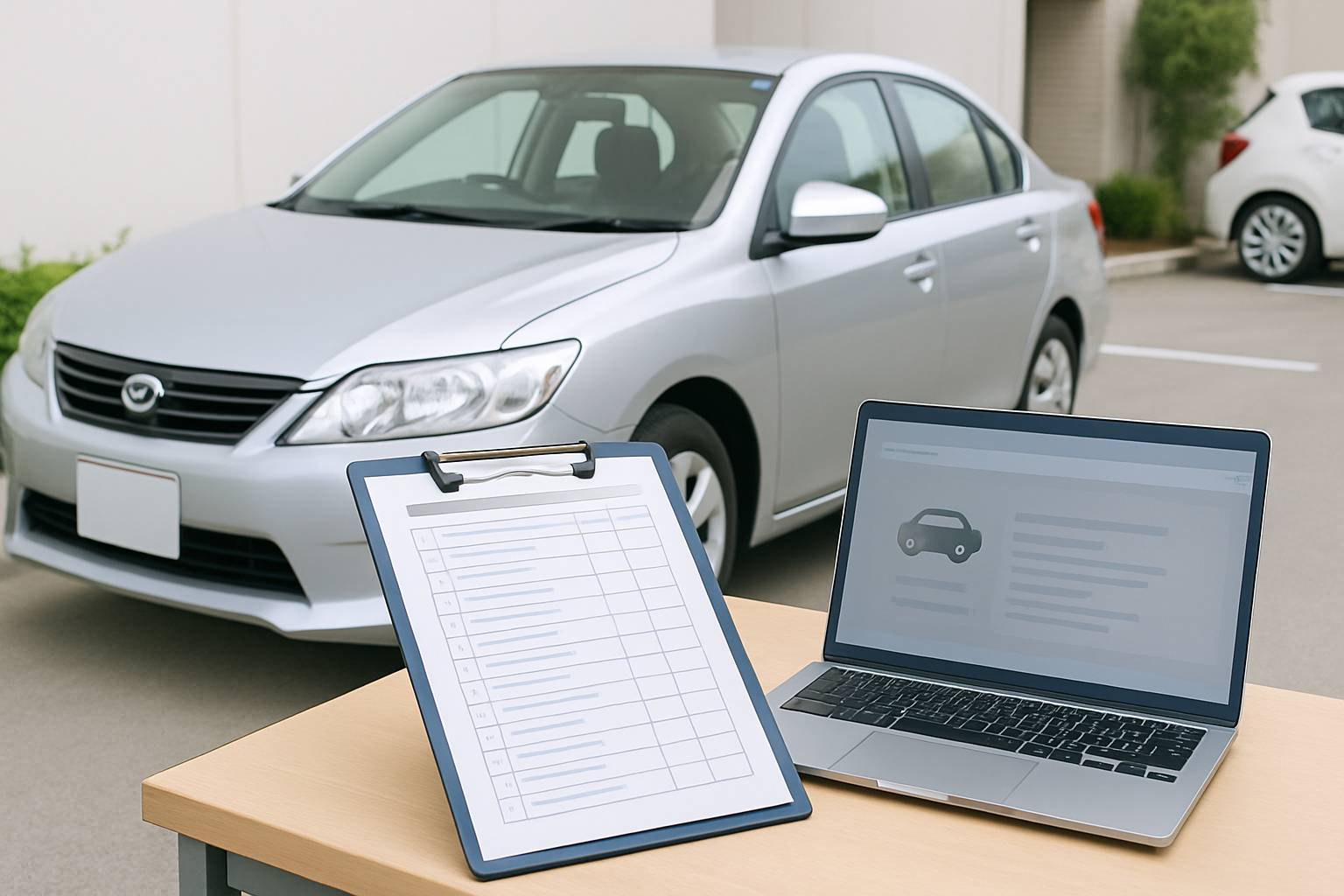 バインダーを持ち車両を確認する様子