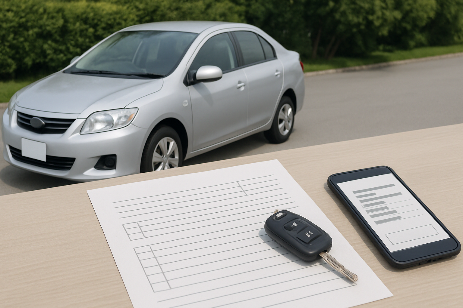 車、査定書類、スマートフォン、キーを使った無人の静物シーン