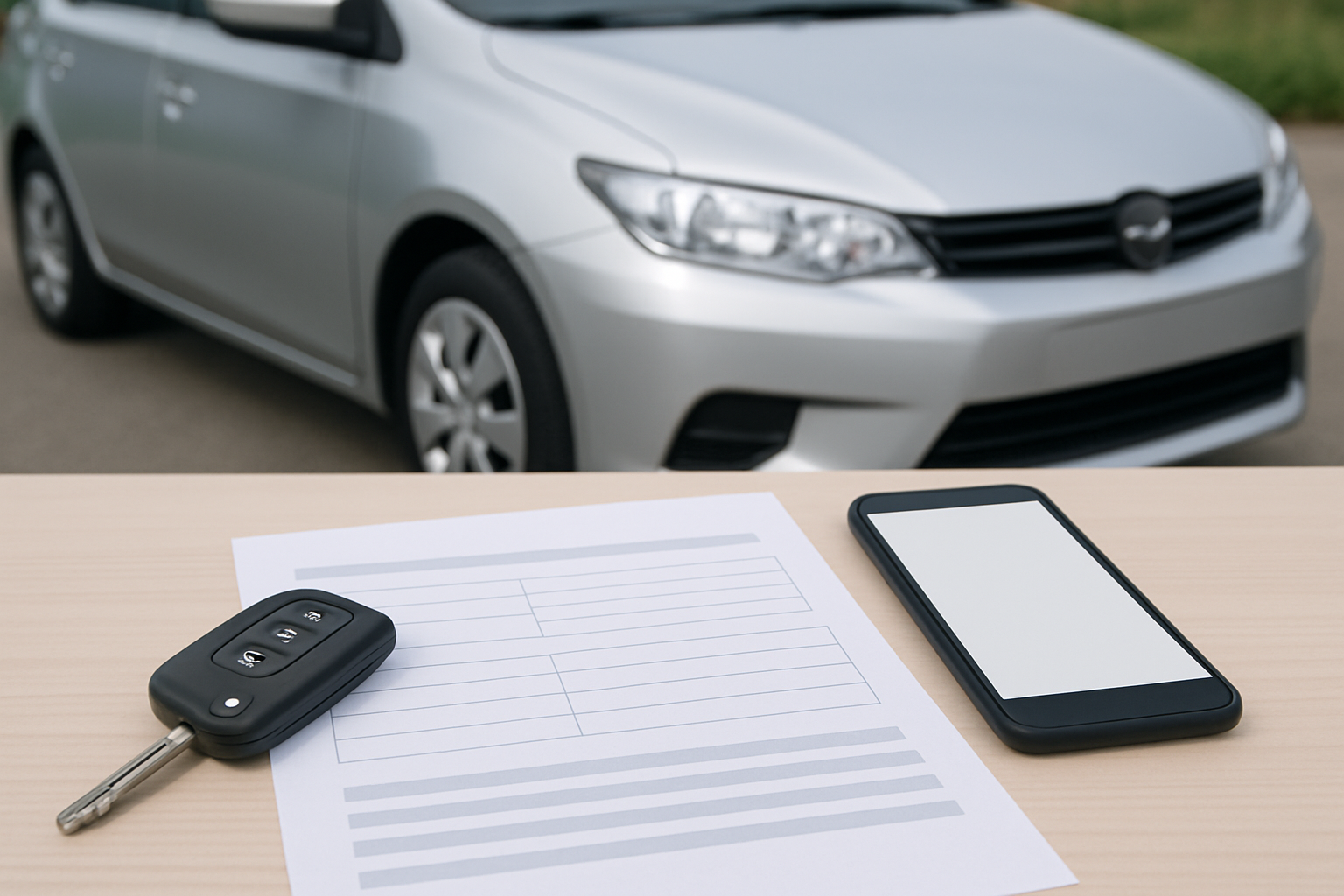 車、査定書類、スマートフォン、キーを使った無人の静物シーン