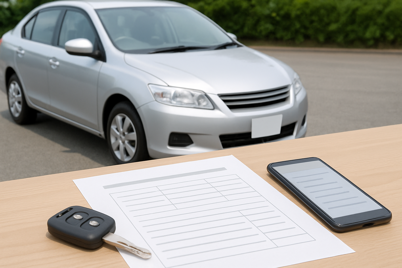 車、査定書類、スマートフォン、キーを使った無人の静物シーン