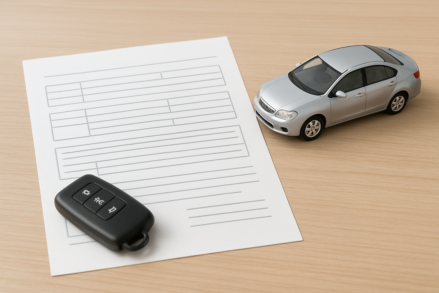 契約書と車のキーが置かれているテーブル