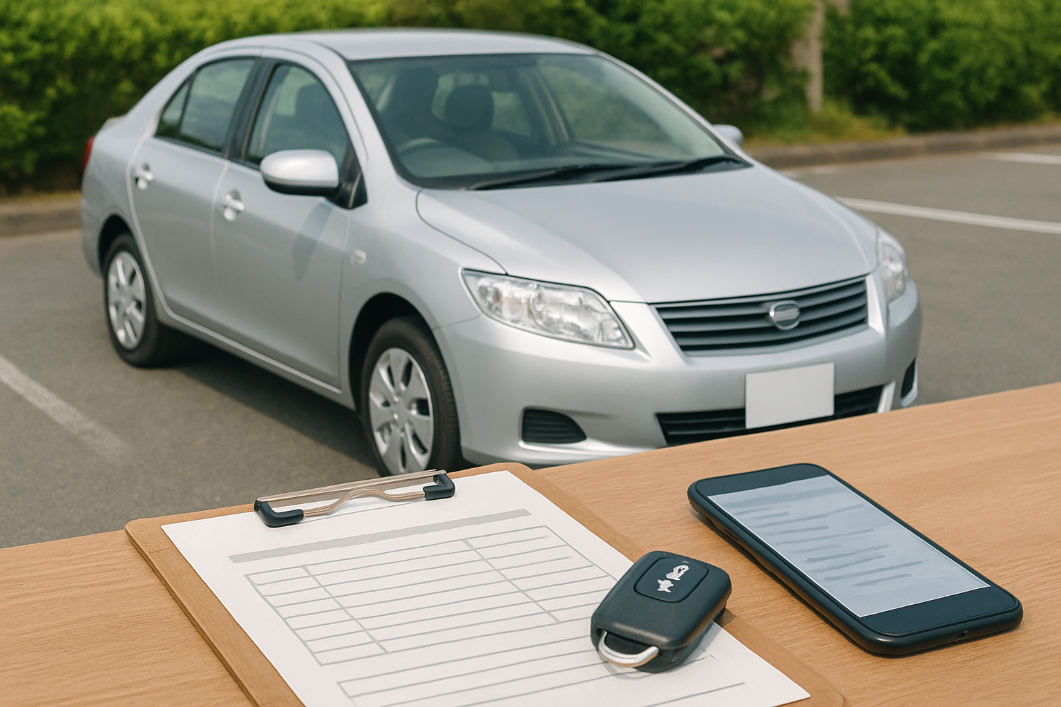 車、査定書類、スマートフォン、キーを使った無人の静物シーン