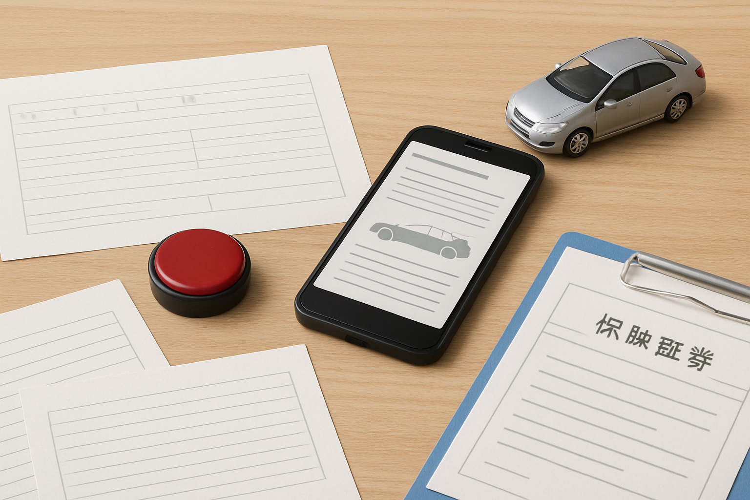 車の書類や印鑑、保険証券がテーブルに並べられているイメージ画像