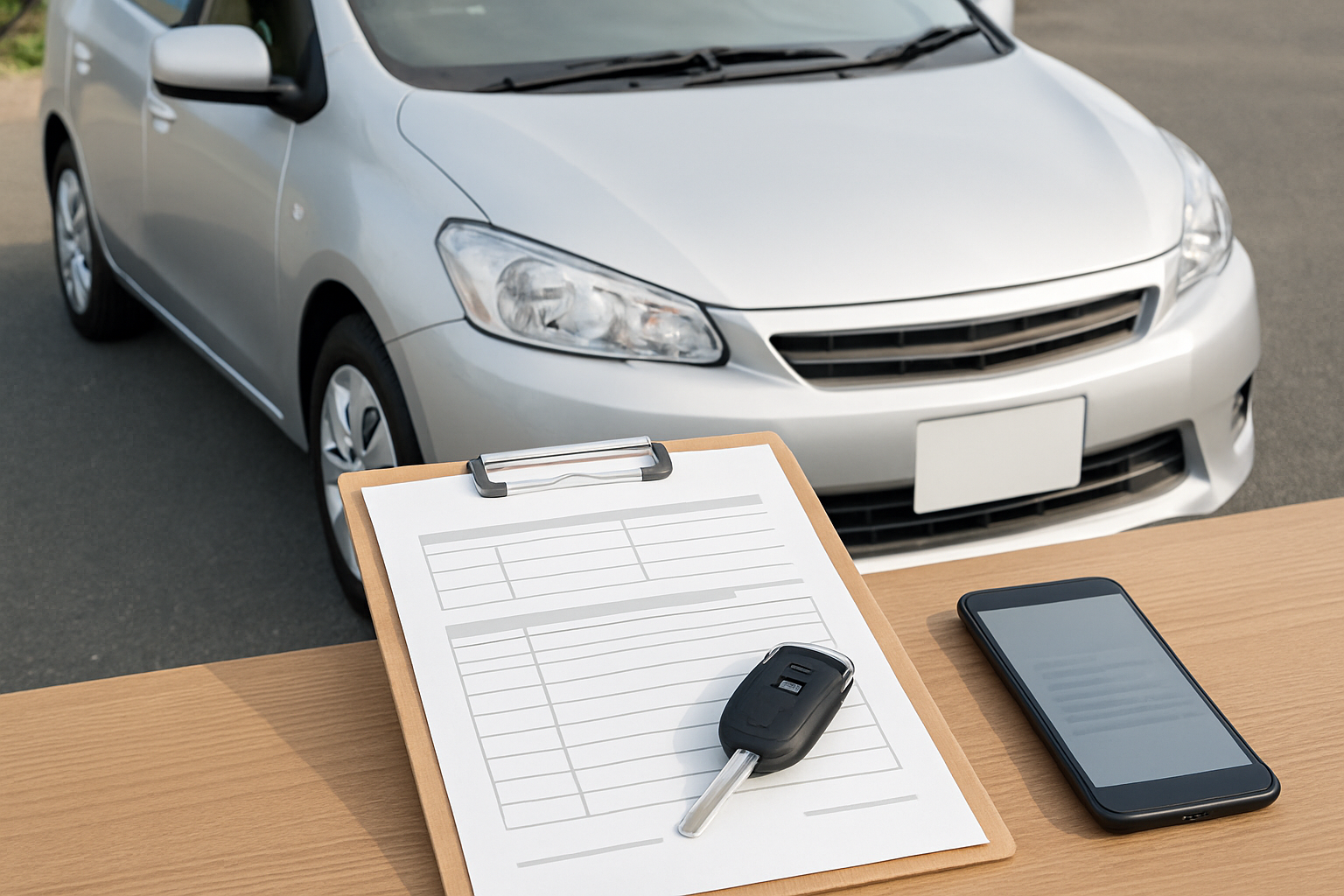 車、査定書類、スマートフォン、キーを使った無人の静物シーン