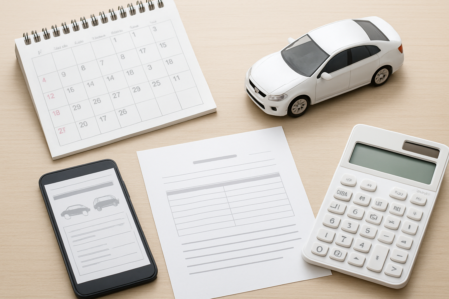 車の売却契約書を広げて確認している商談テーブル
