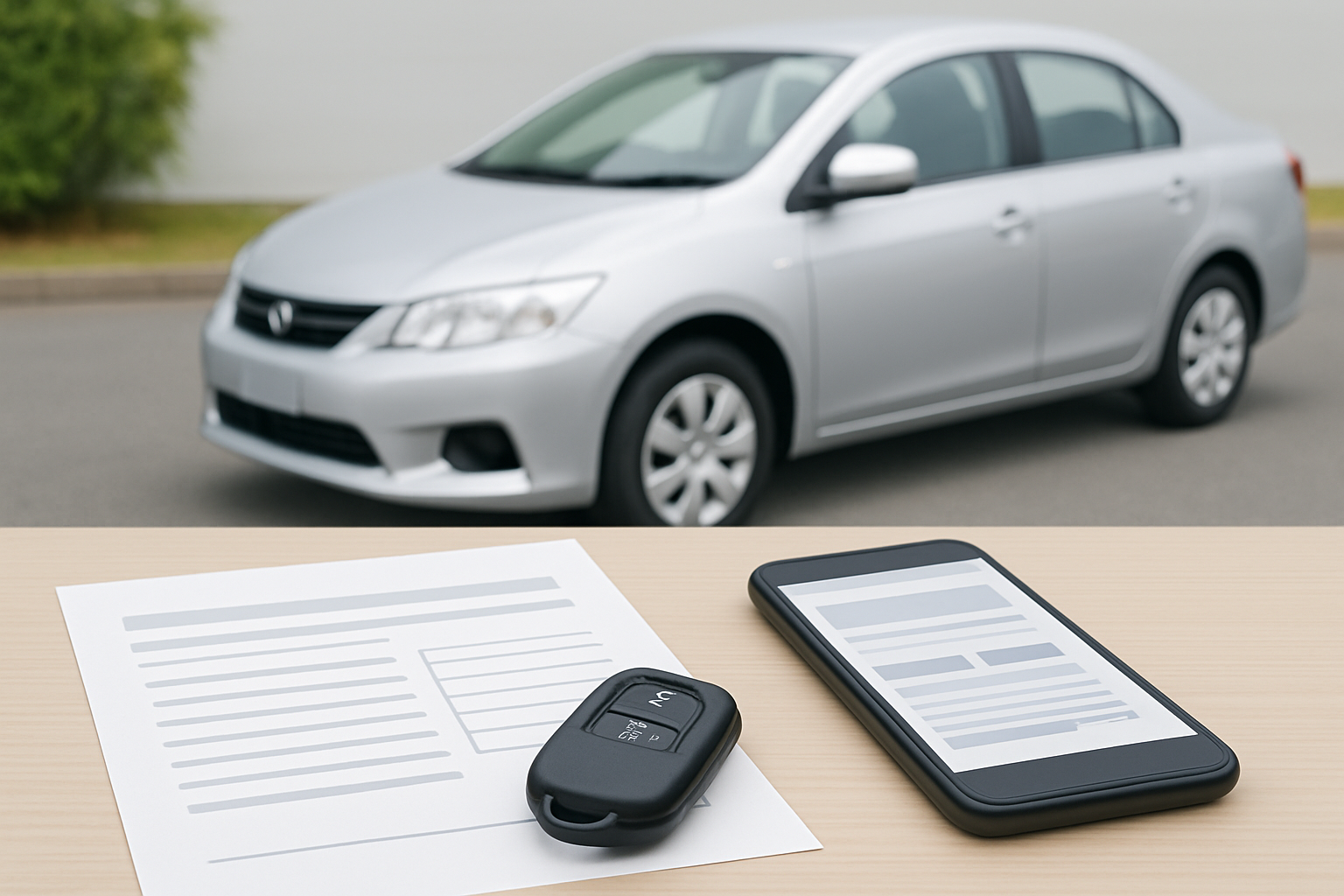デスクの上にある関数電卓とペン、そしてまとめられた書類