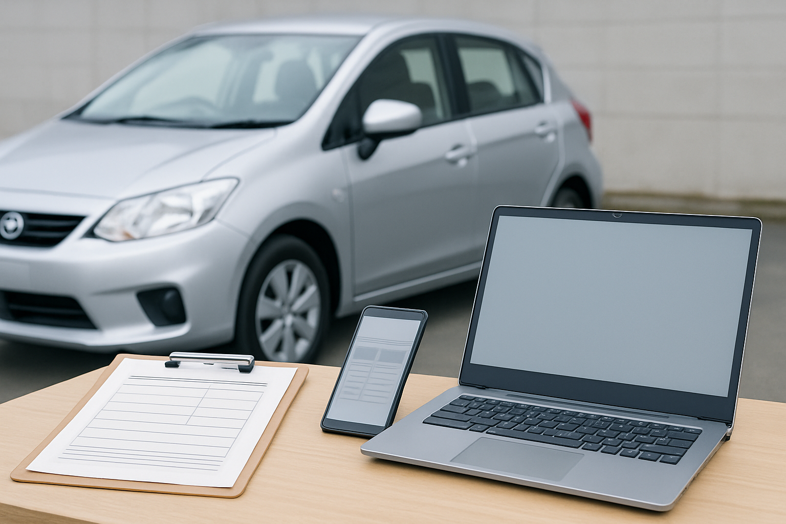 車、査定書類、スマートフォン、キーを使った無人の静物シーン