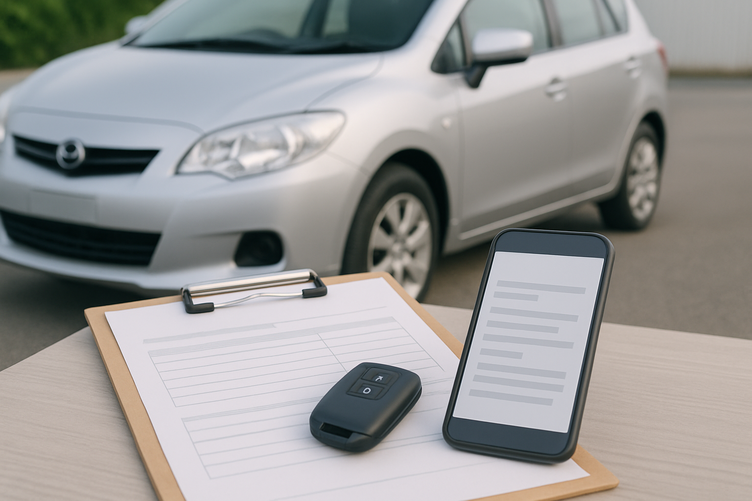 オフィスのデスクで自動車の契約書を丁寧に読み合わせている様子、あるいは国民生活センターなどの注意喚起文書を確認して契約内容のチェックを行っている様子