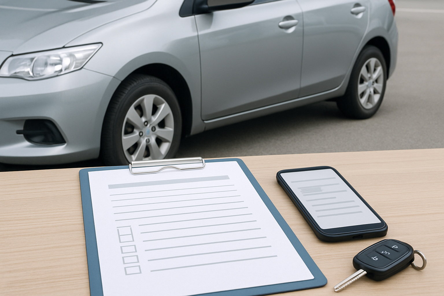 車、査定書類、スマートフォン、キーを使った無人の静物シーン