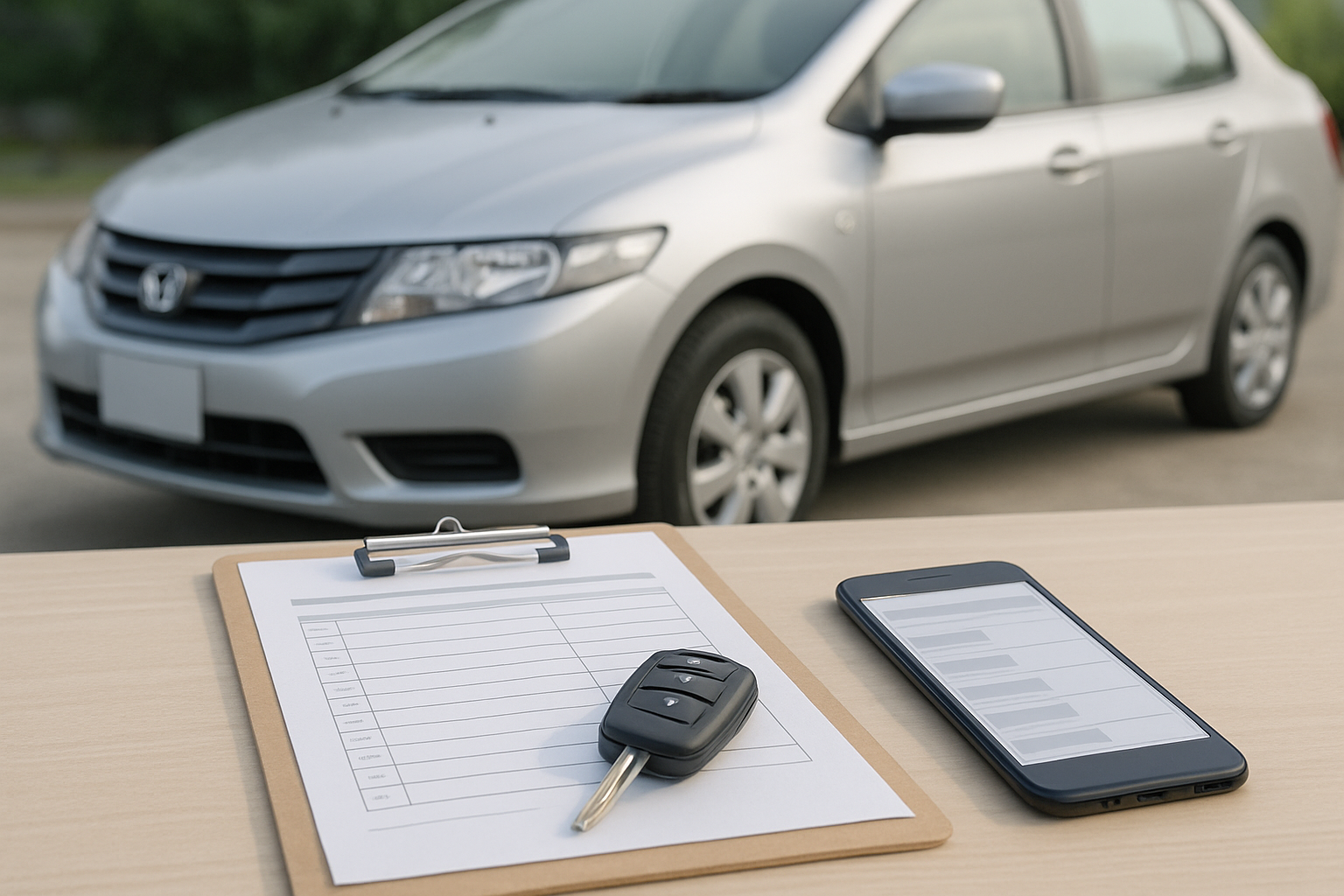 車、査定書類、スマートフォン、キーを使った無人の静物シーン