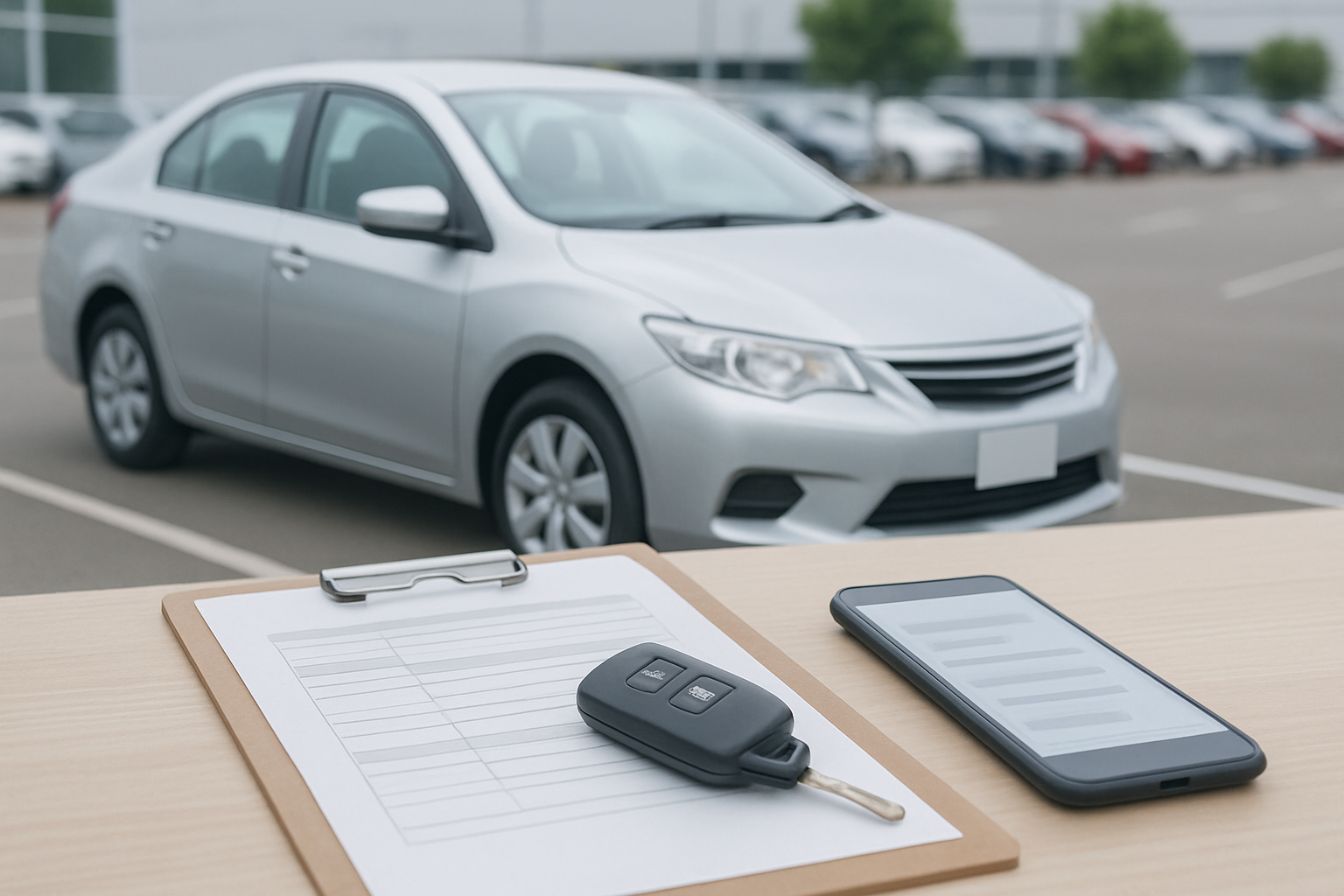 車、査定書類、スマートフォン、キーを使った無人の静物シーン