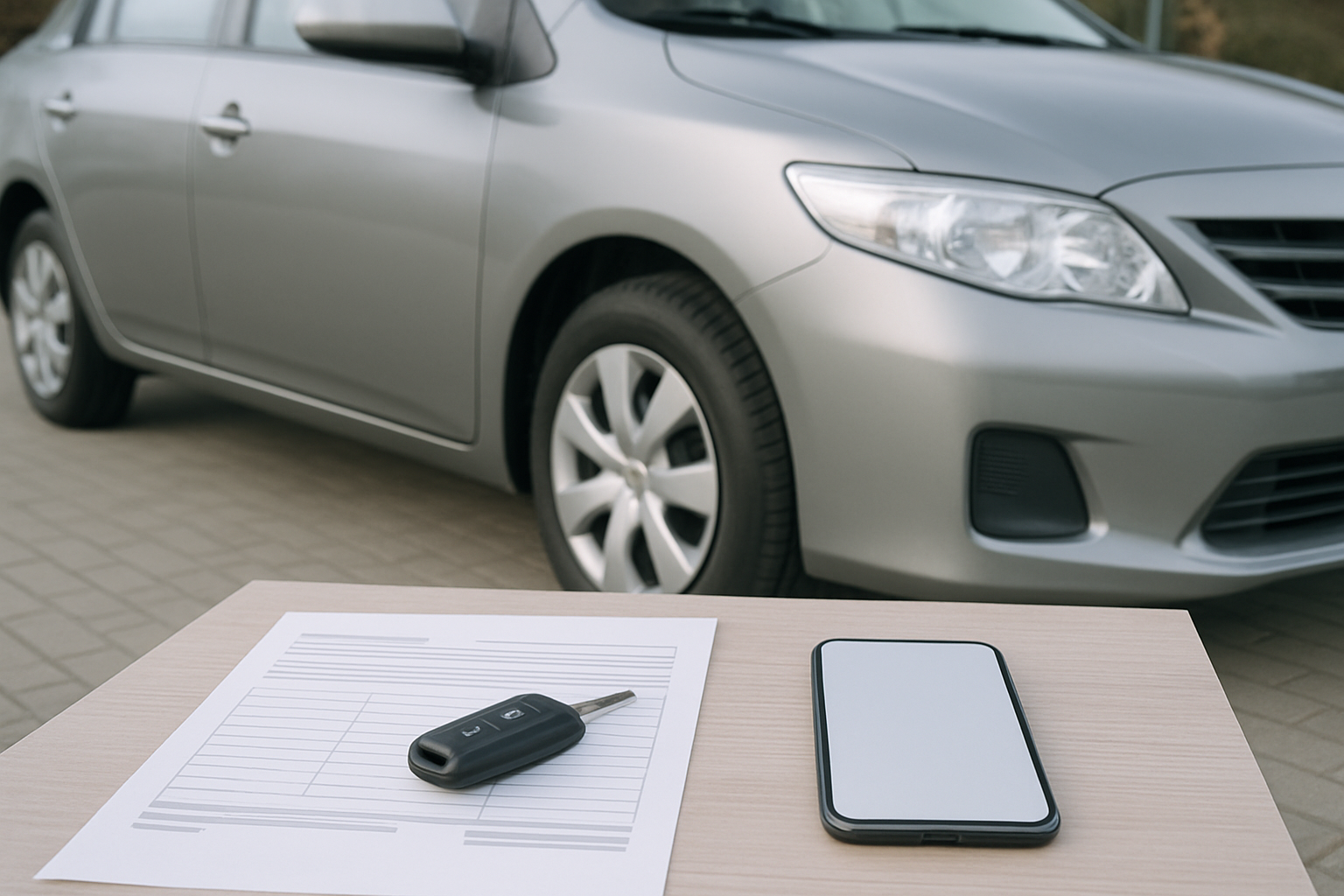 バインダーに挟まれた書類とペン、そして車のミニカー