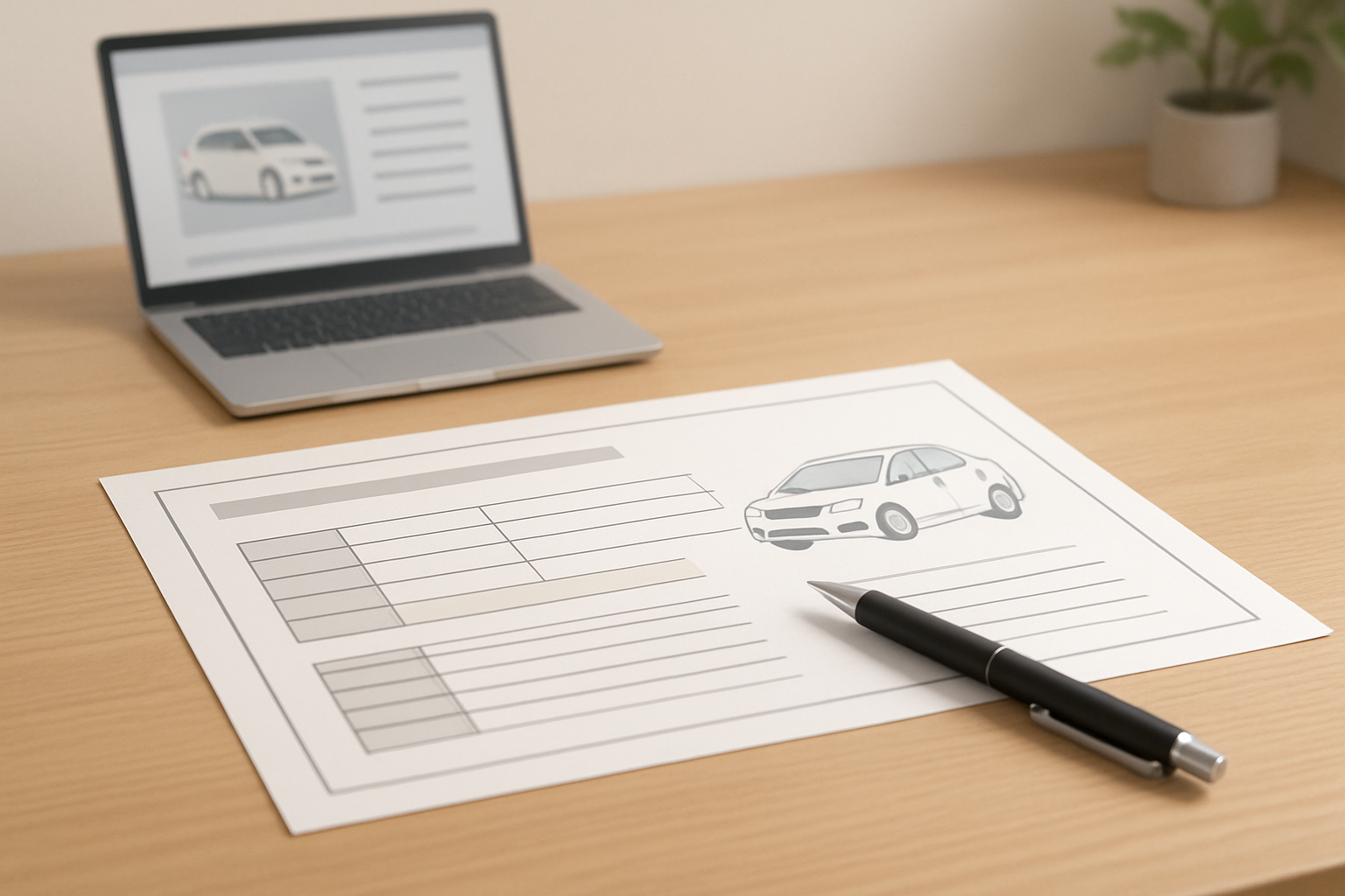 車の査定書とペンが置かれたテーブル