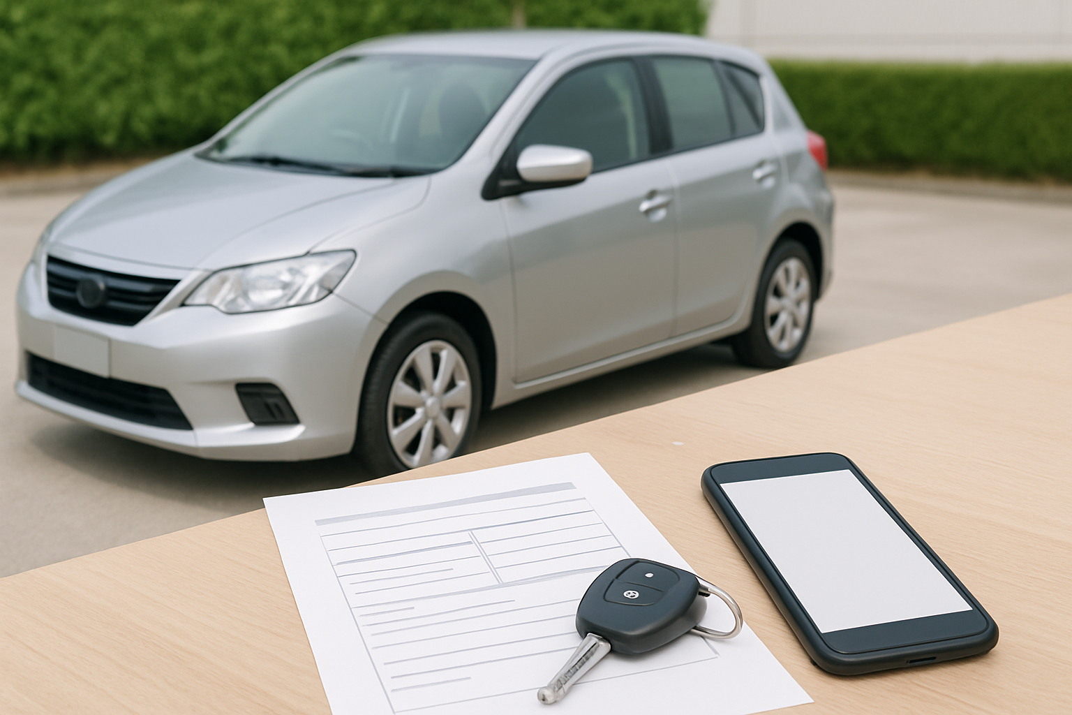 車、査定書類、スマートフォン、キーを使った無人の静物シーン