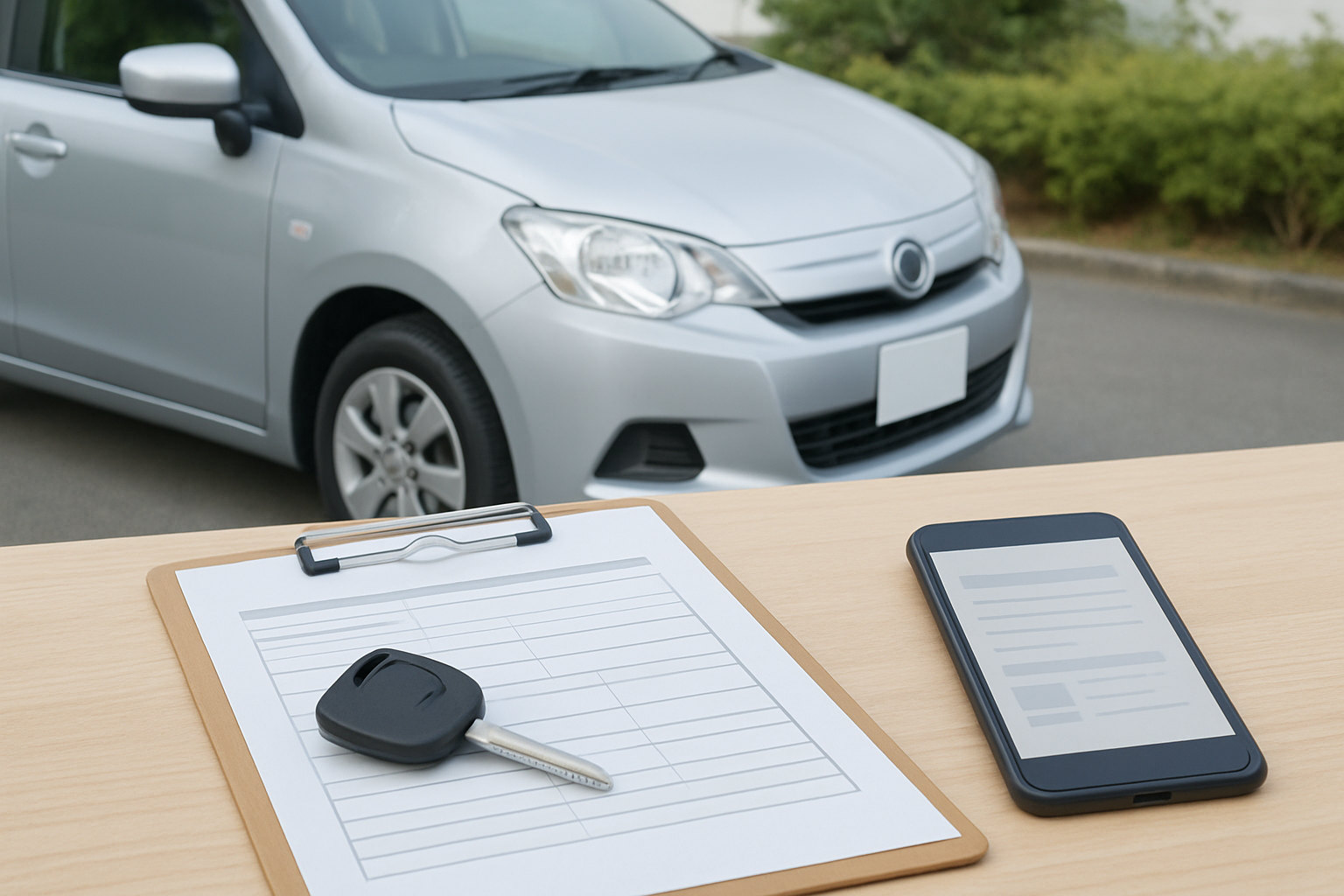 車、査定書類、スマートフォン、キーを使った無人の静物シーン