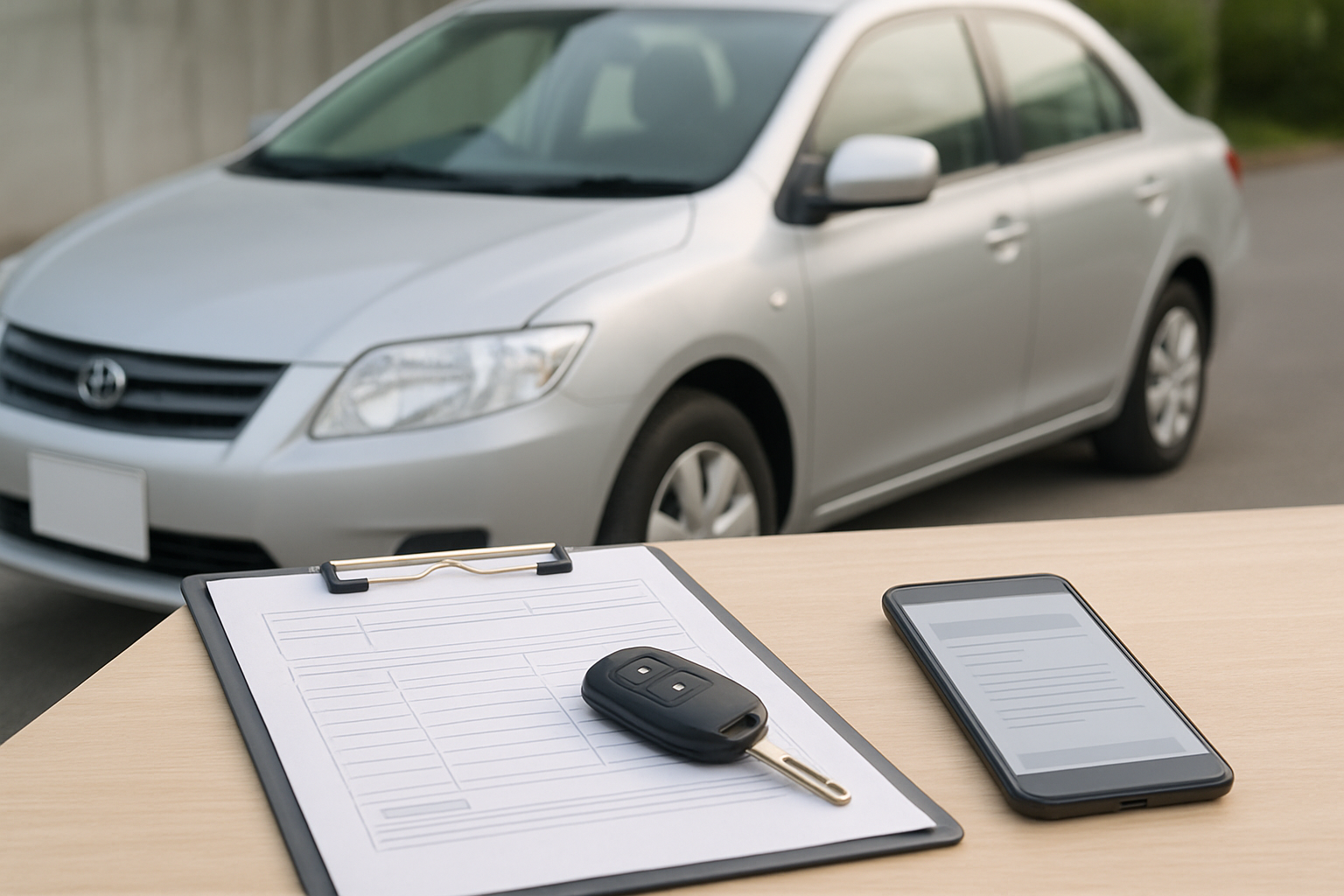 車、査定書類、スマートフォン、キーを使った無人の静物シーン