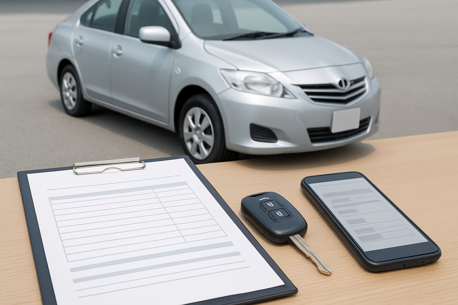 車、査定書類、スマートフォン、キーを使った無人の静物シーン