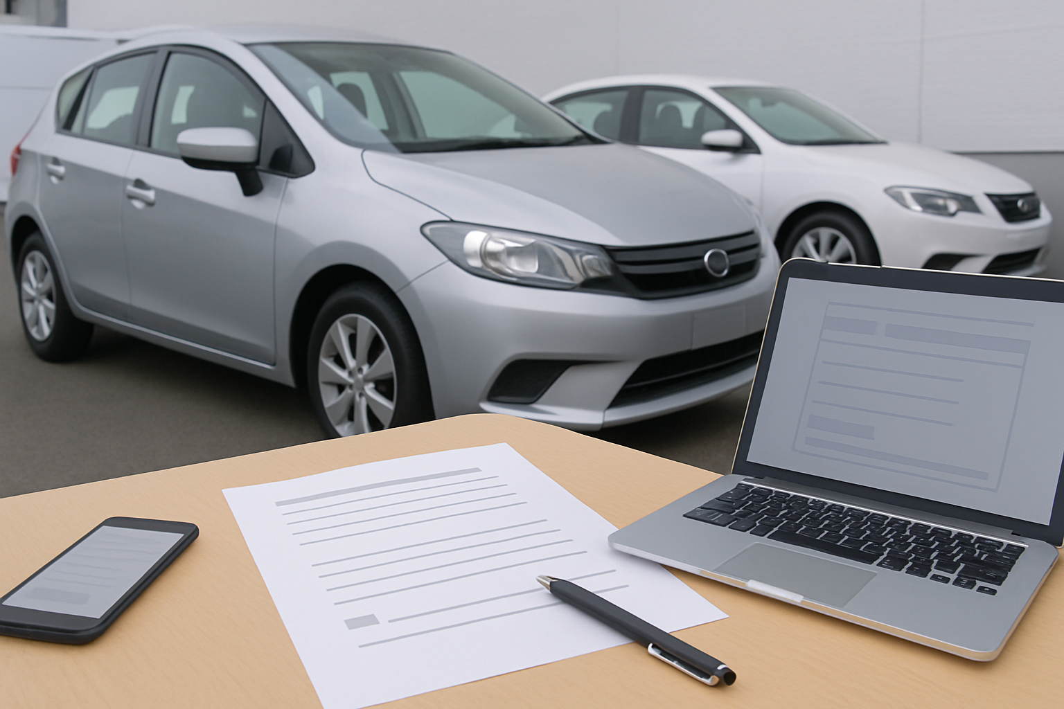 車、査定書類、スマートフォン、キーを使った無人の静物シーン