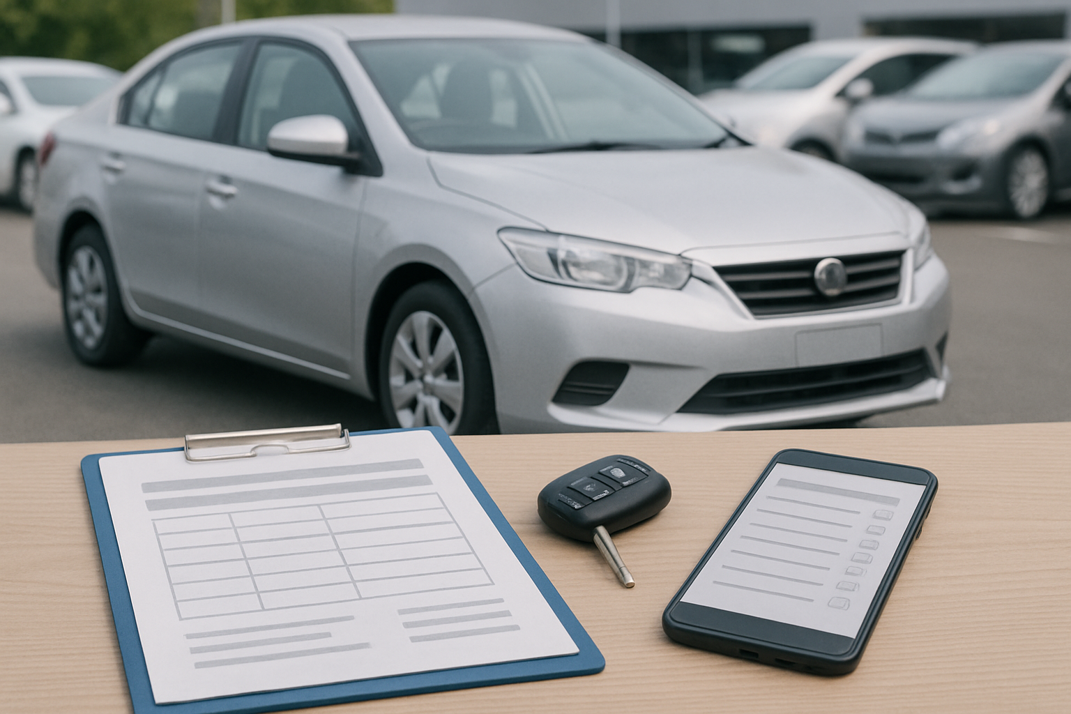 車、査定書類、スマートフォン、キーを使った無人の静物シーン