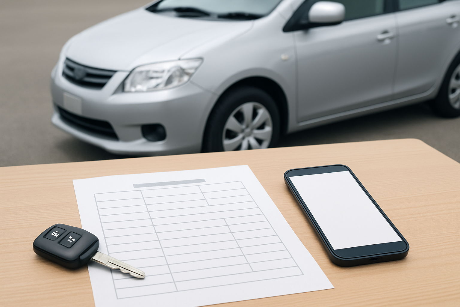 車、査定書類、スマートフォン、キーを使った無人の静物シーン