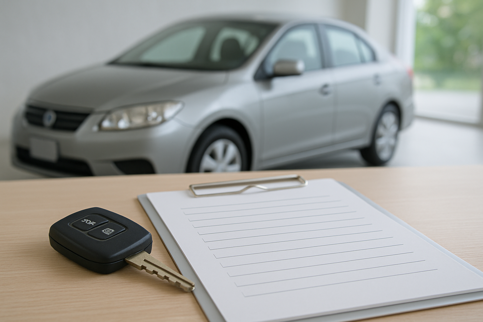 査定完了後の車の鍵と無地の契約書類が整然と置かれた静物