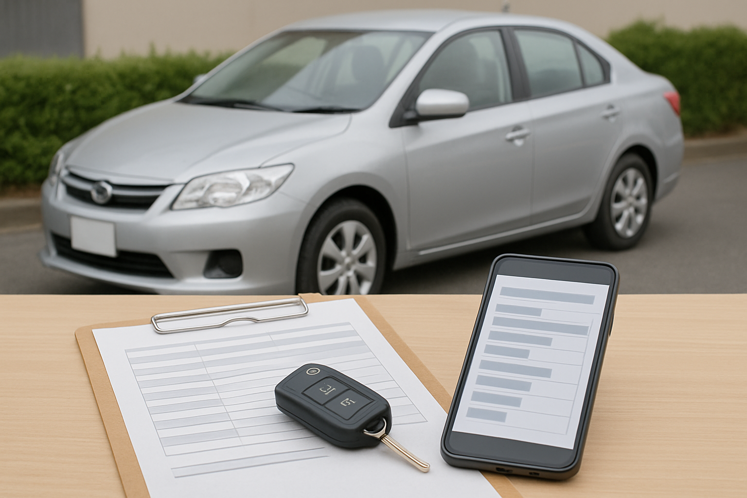 車、査定書類、スマートフォン、キーを使った無人の静物シーン