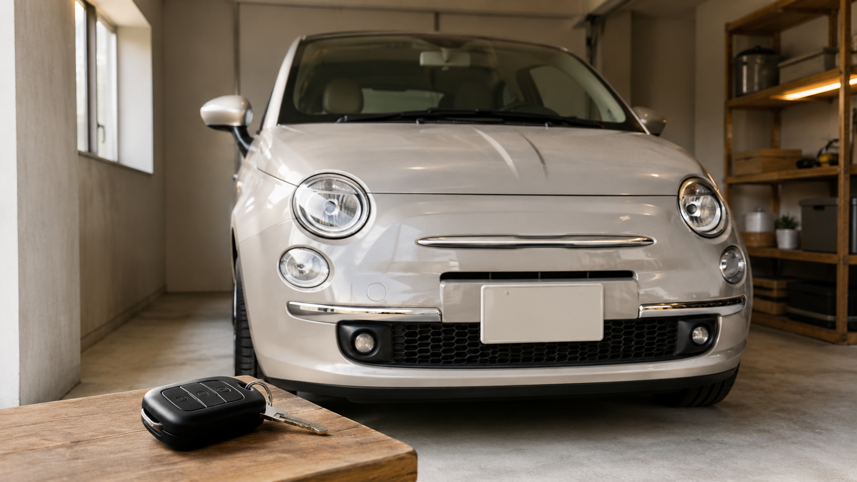静かなガレージに佇むフィアットのフロントフェイスと、傍らに置かれた車のキー