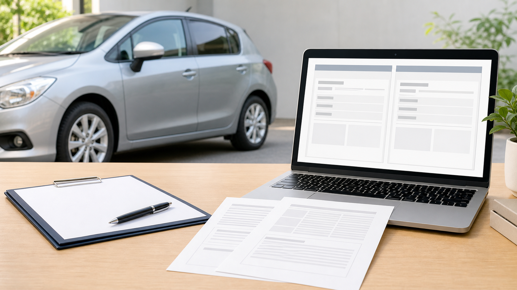 車の査定条件を比較するノートパソコンと書類、普通車のある明るいデスク
