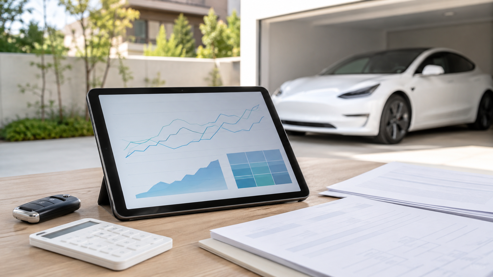 タブレットで車の相場グラフを確認している様子