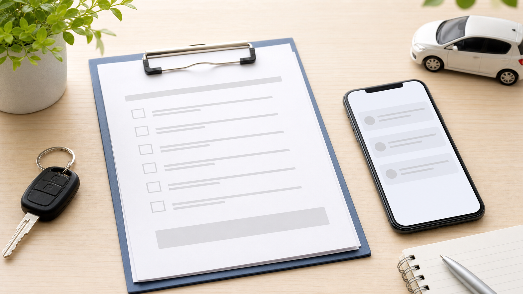 キャンセルや手数料を確認するチェックリスト、スマートフォン、車のキー