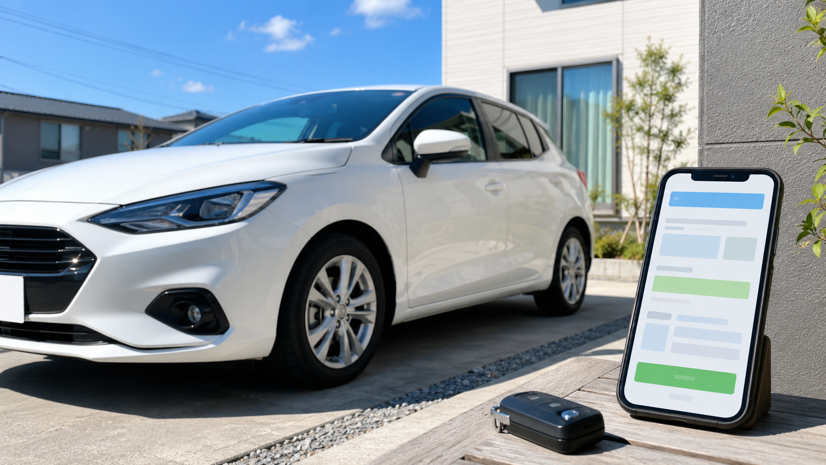 青空の下、スマートフォンを手に持ち車の前で査定の予約画面を見ている様子