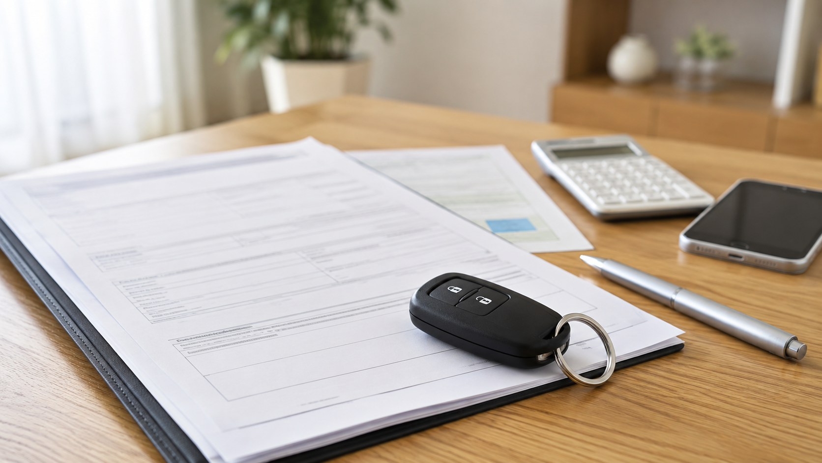 車のキーと契約書面がテーブルに置かれている様子