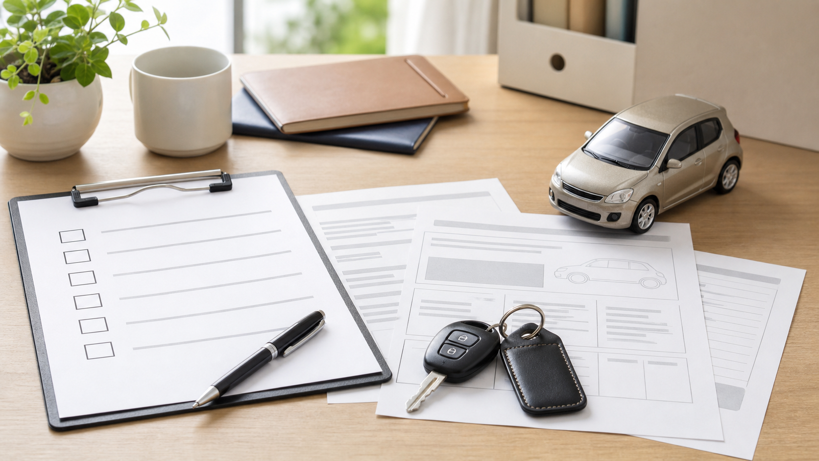 車売却前の最終確認を表すチェックリスト、査定書類、車のキー