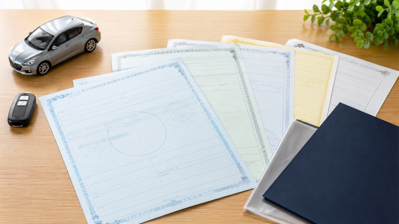 車検証や印鑑証明書などの必要書類が並べられている様子