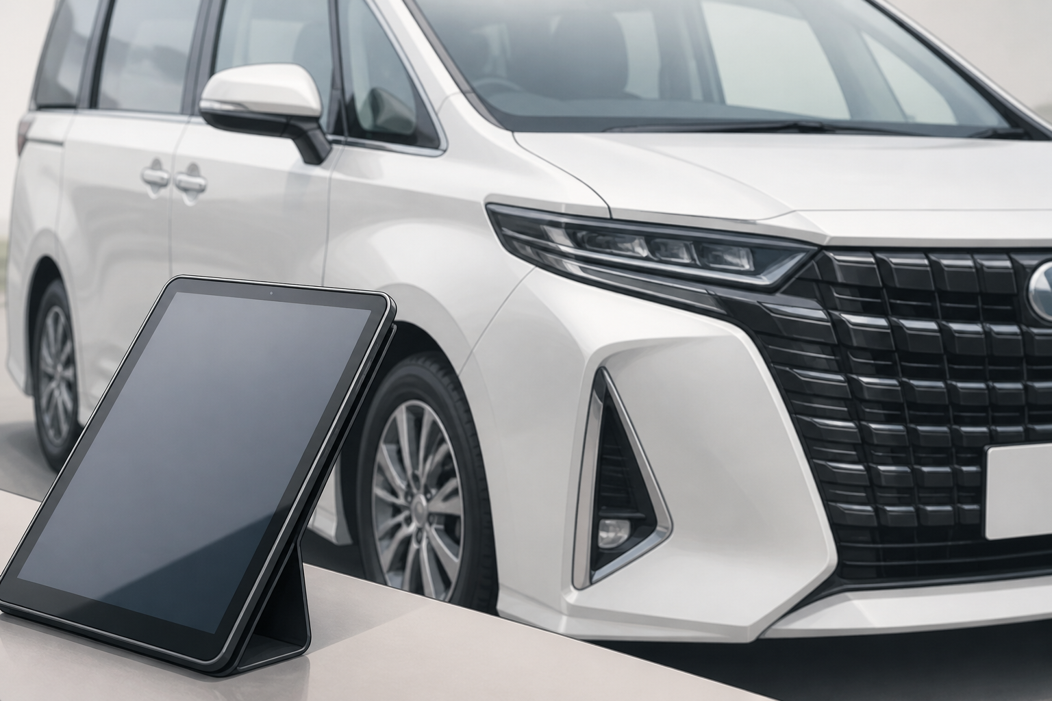 査定士がタブレットを持ちながら車の状態を確認している様子