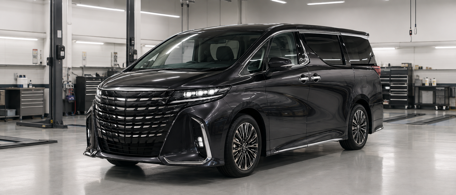 洗練されたデザインの高級ミニバンが新車整備場に静かに停車している風景