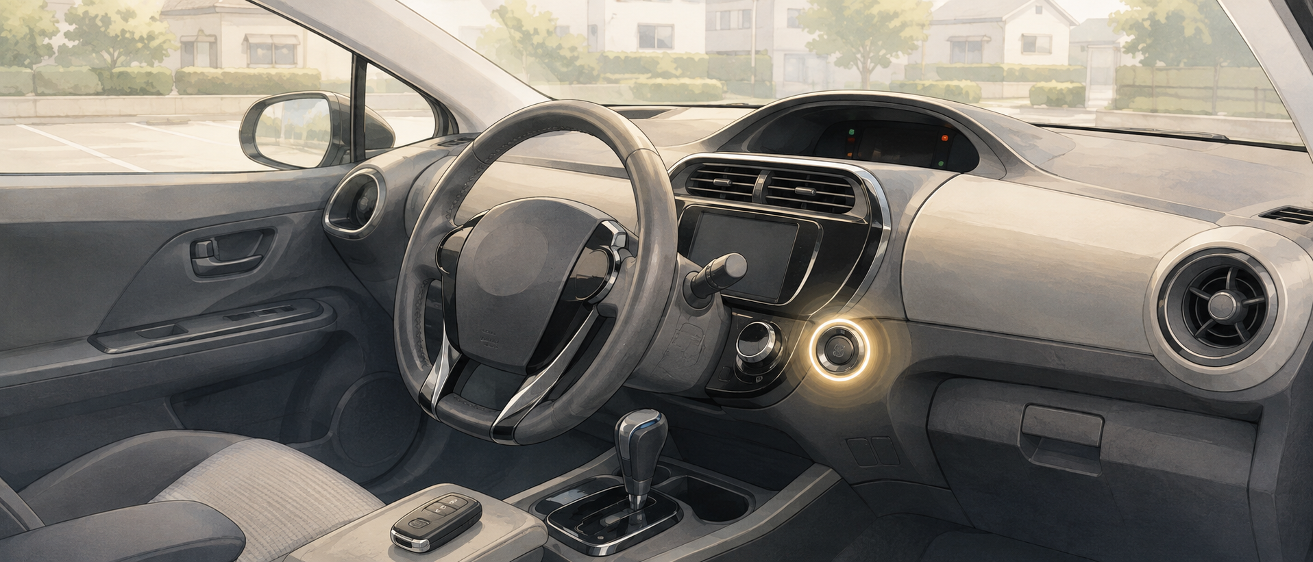 駐車中のトヨタ・アクア（NHP10型またはMXPK10型）の運転席周辺と、スタートボタンを押そうとする手元の様子