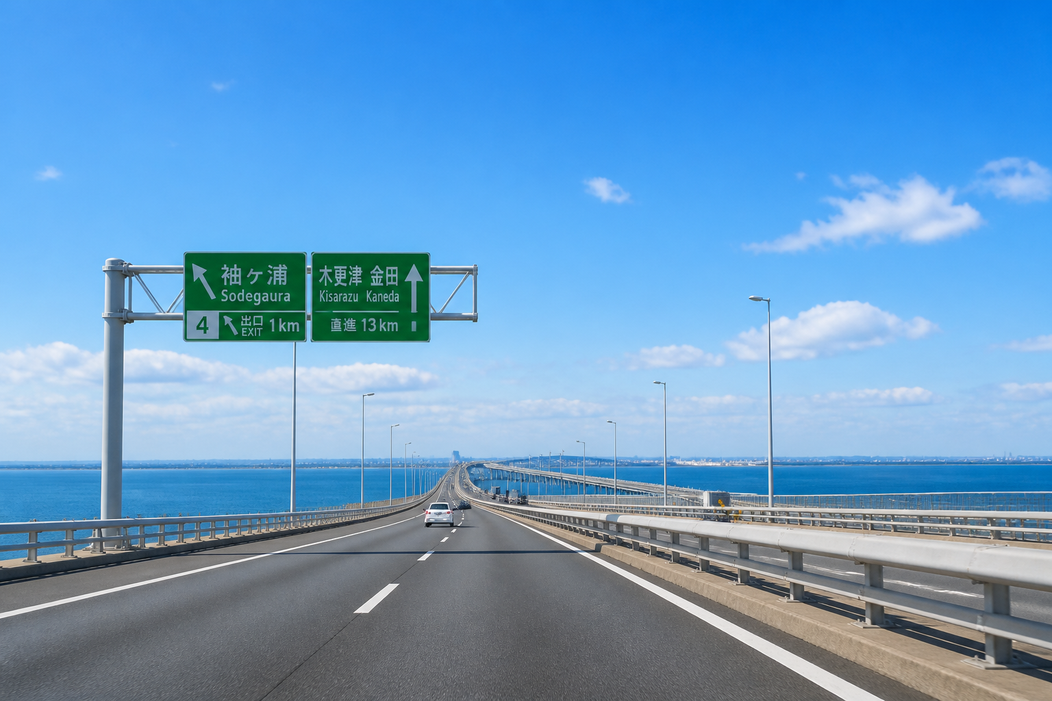 青空のもとスムーズに流れる高速道路とクリアな道路案内標識の風景写真