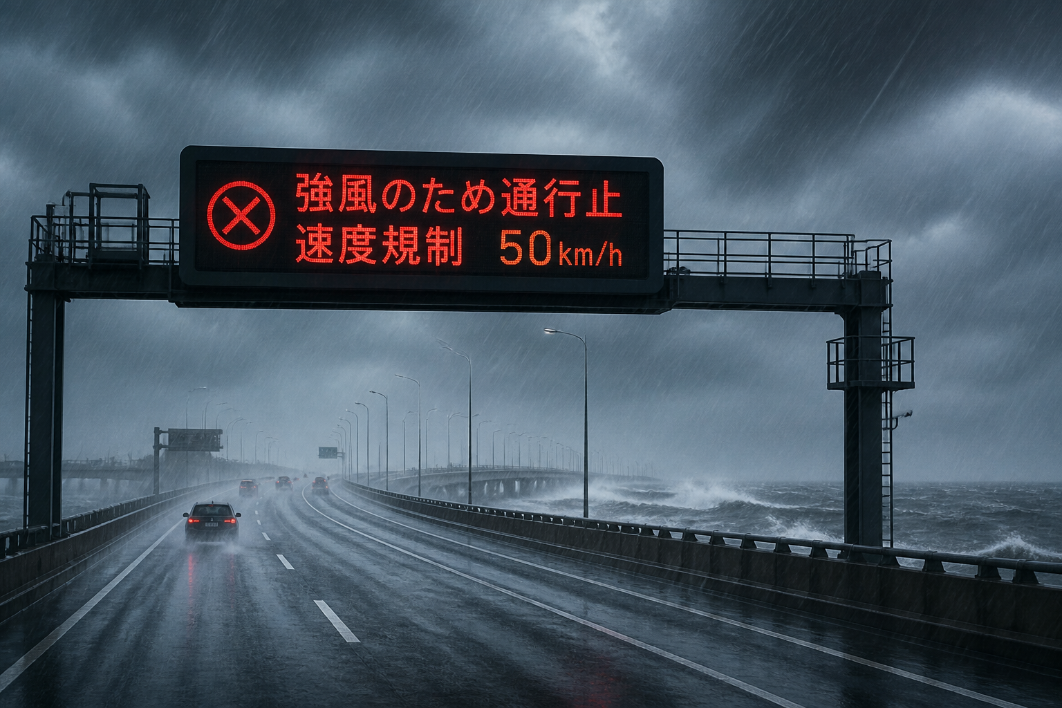 雨風が強まる高速道路の掲示板に表示される通行止めや速度規制の文字案内
