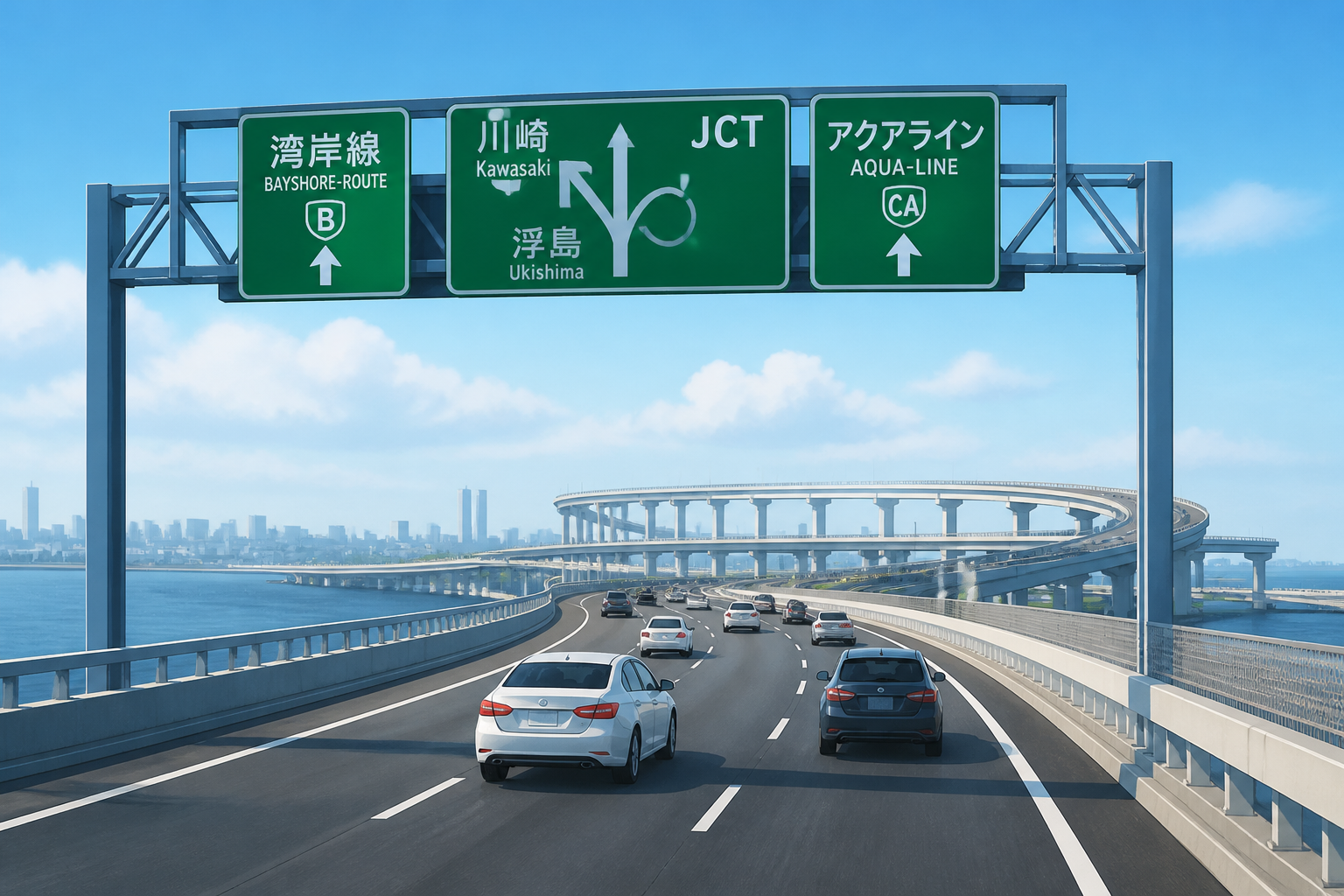 首都高速道路のジャンクション標識とスムーズに流れる湾岸線の車列