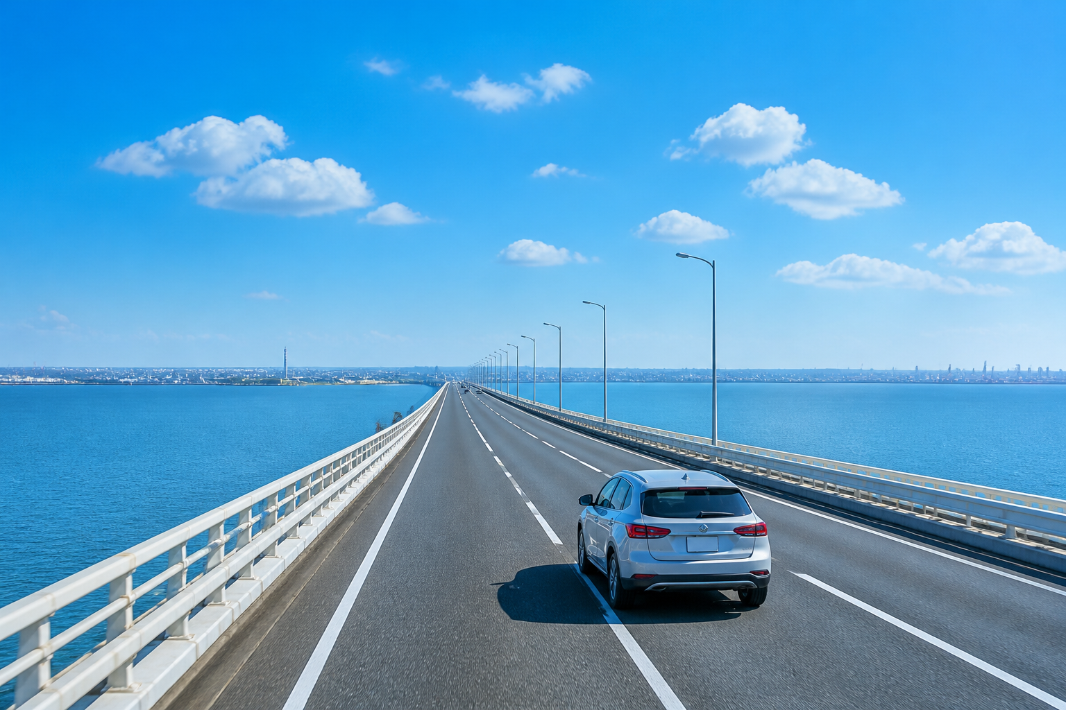 晴れ渡る東京湾アクアラインと快適に走行する自動車の様子