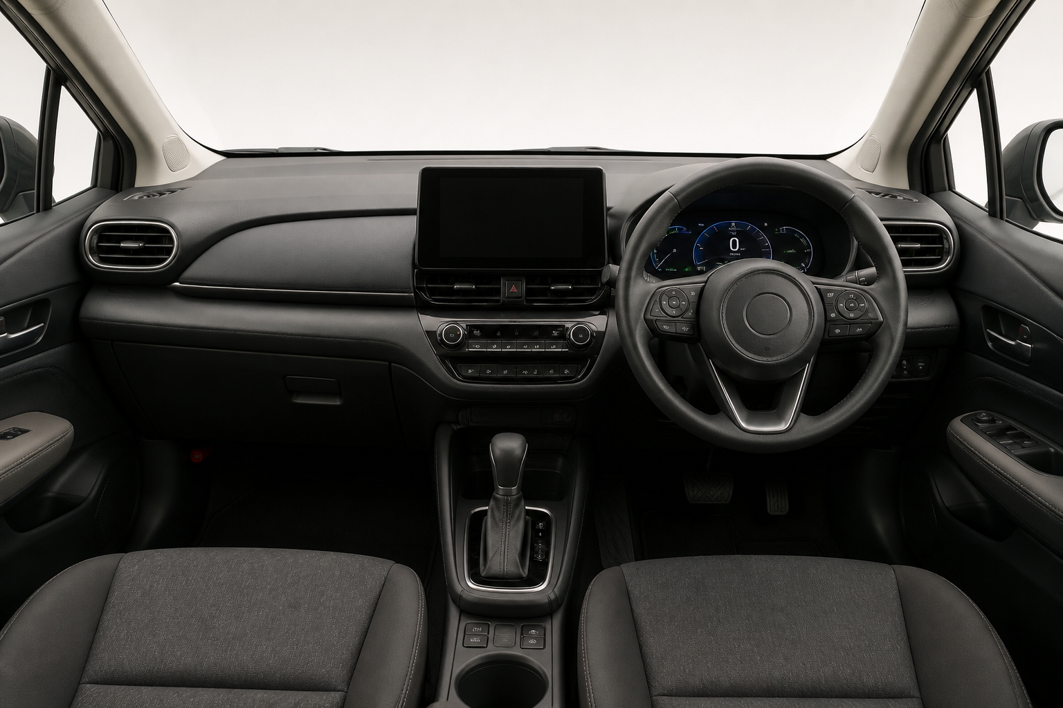 車のインパネまわりおよび内装デザインが見えるドライバーズシート周辺の構図