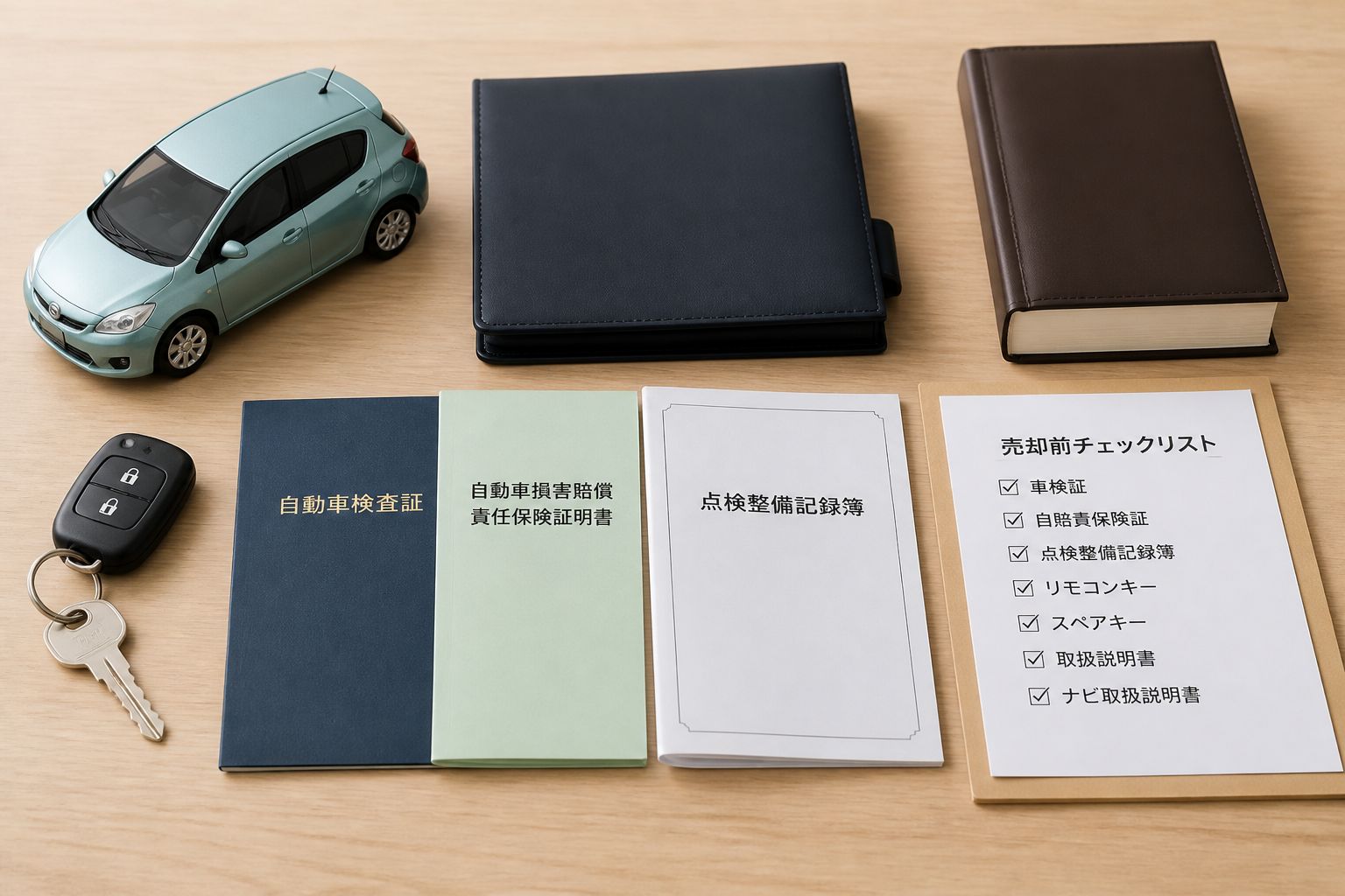 書類や鍵を整然と並べた愛車の売買・手続きをイメージさせる静物写真