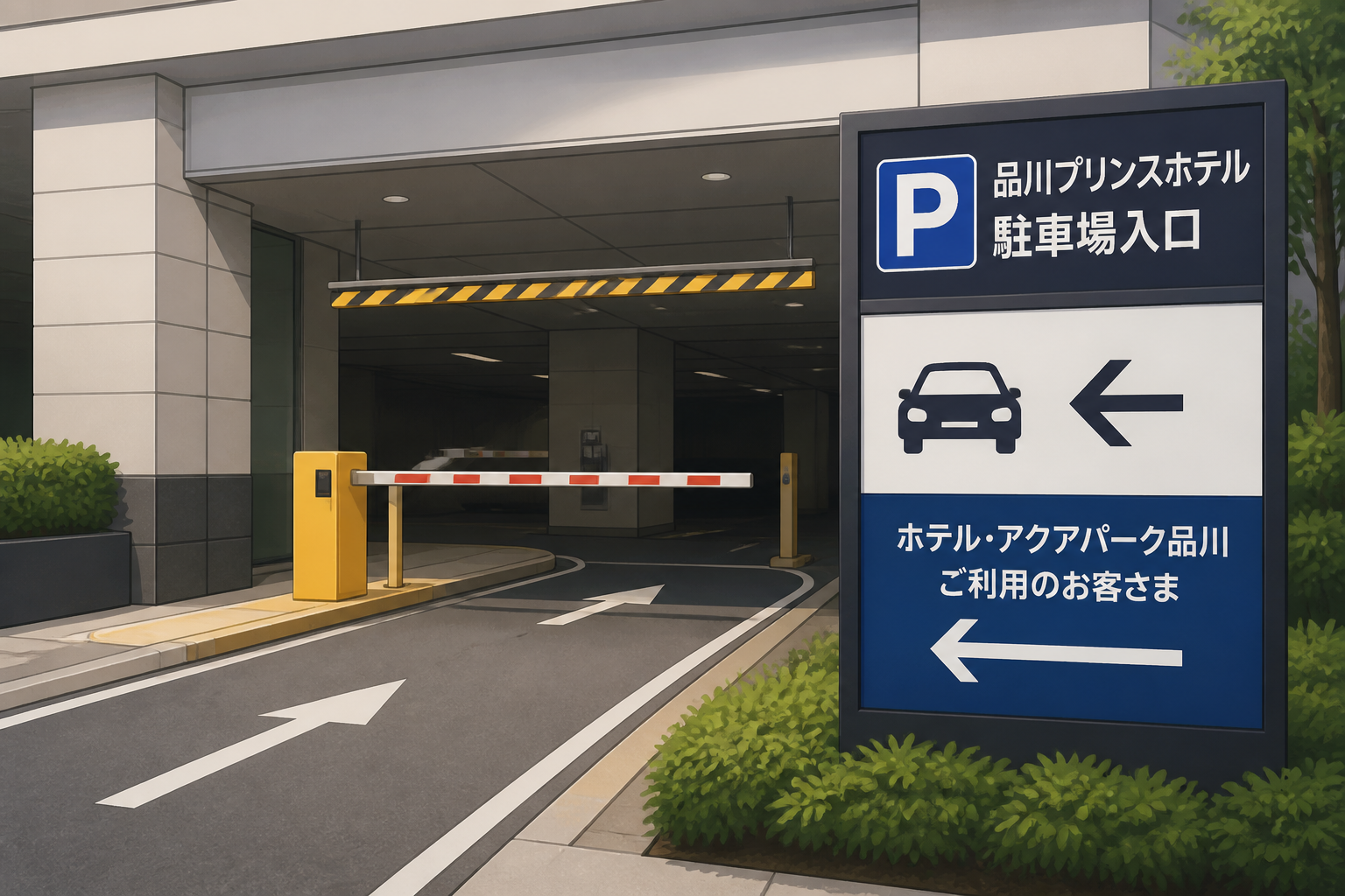 品川プリンスホテル駐車場の入口ゲートと車両誘導看板の近景