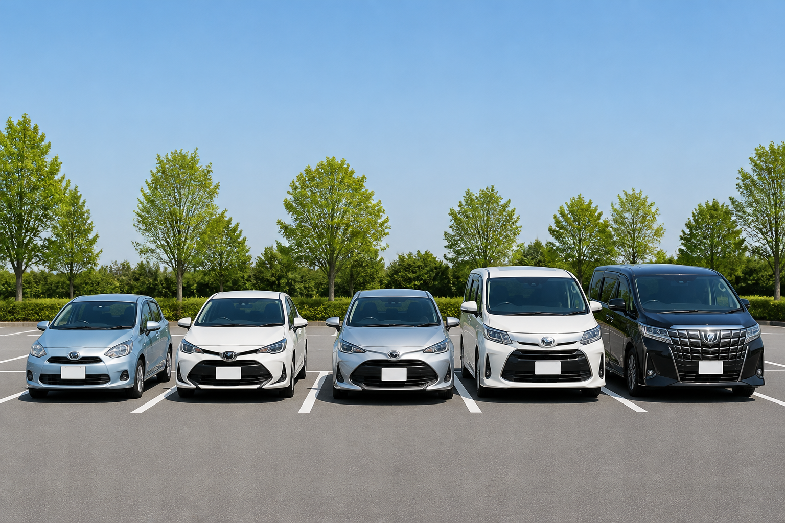 複数の乗用車が並ぶ駐車場で車両のサイズ感を比較できる風景