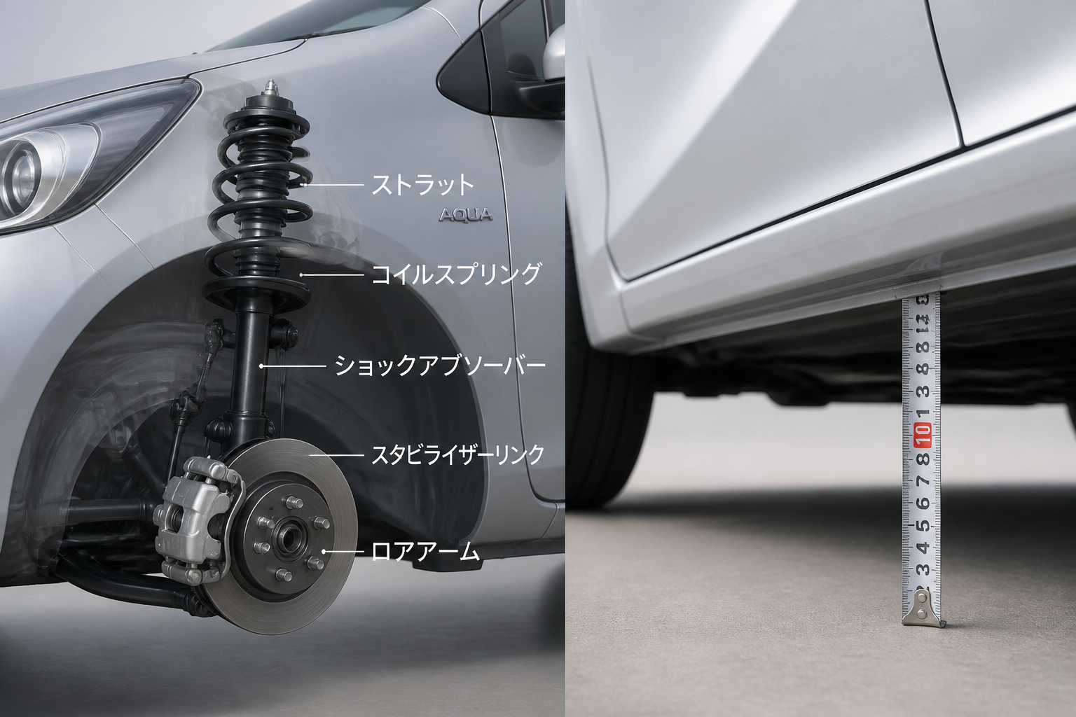 アクアのサスペンション構造と車高測定を行う手元の様子