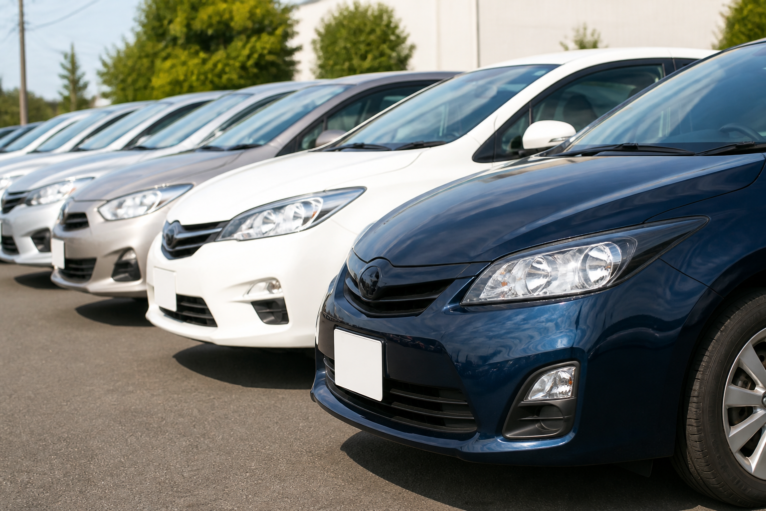 中古車販売店の敷地に並べられた状態の良い多走行中古車のフロント部分