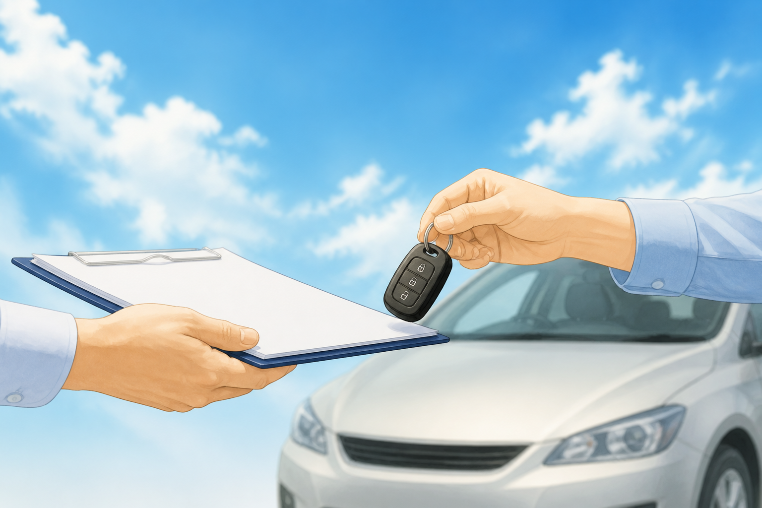 青空の下で納車書類と車のキーを笑顔で受け渡しているドライバーとスタッフの手元